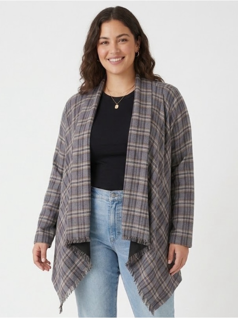 DREW Plaid Open-Front Draped Cardigan - Black Gray & Tan Medium